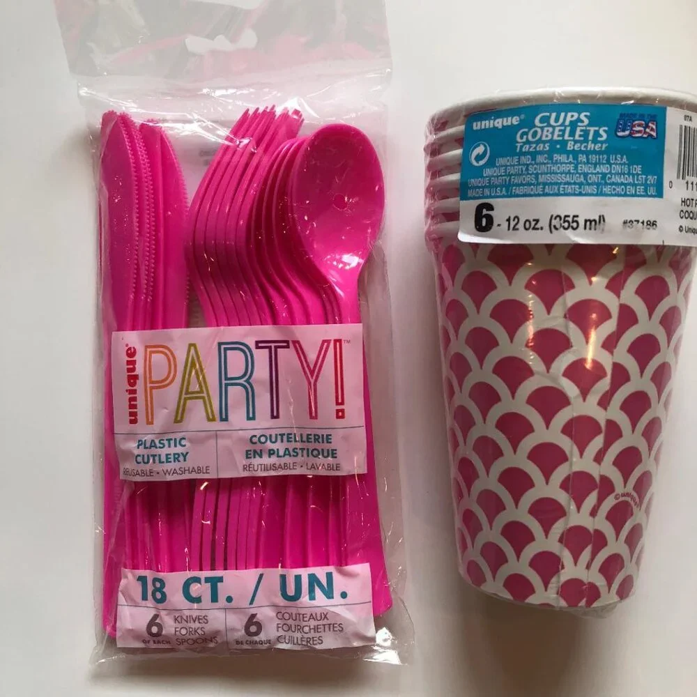 Pink Party Bundle, Pink, Purple & White, Napkins, Cups, Cutlery, Tablecovers